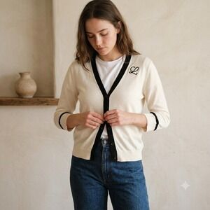 Loewe Womens Sweater Large Cream V-Neck Embroidered Logo Trim Preppy Old Money